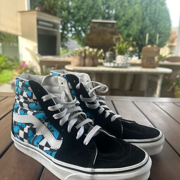 Vans Black and Blue Sk8-Hi Sneakers with Butterfly Pattern - Picture 1 of 4